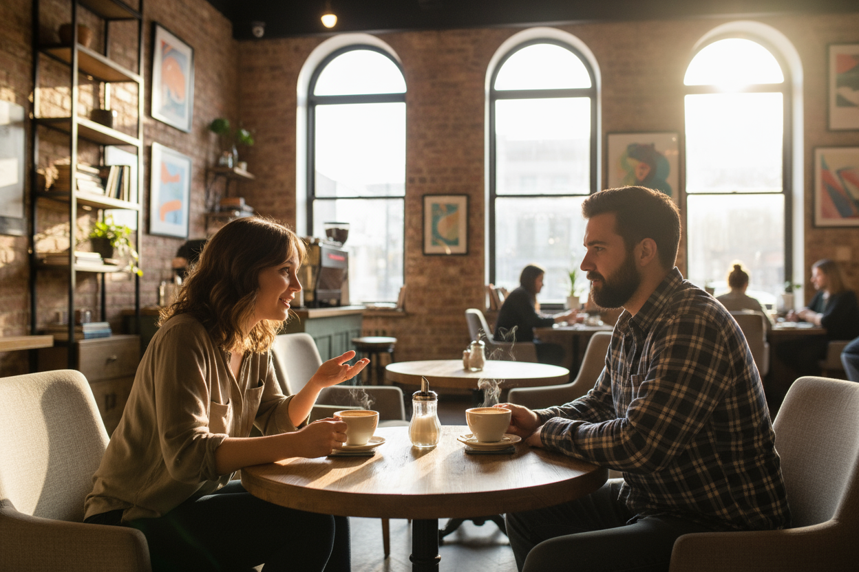 2 people havnig a one on one discussion in a coffee shop