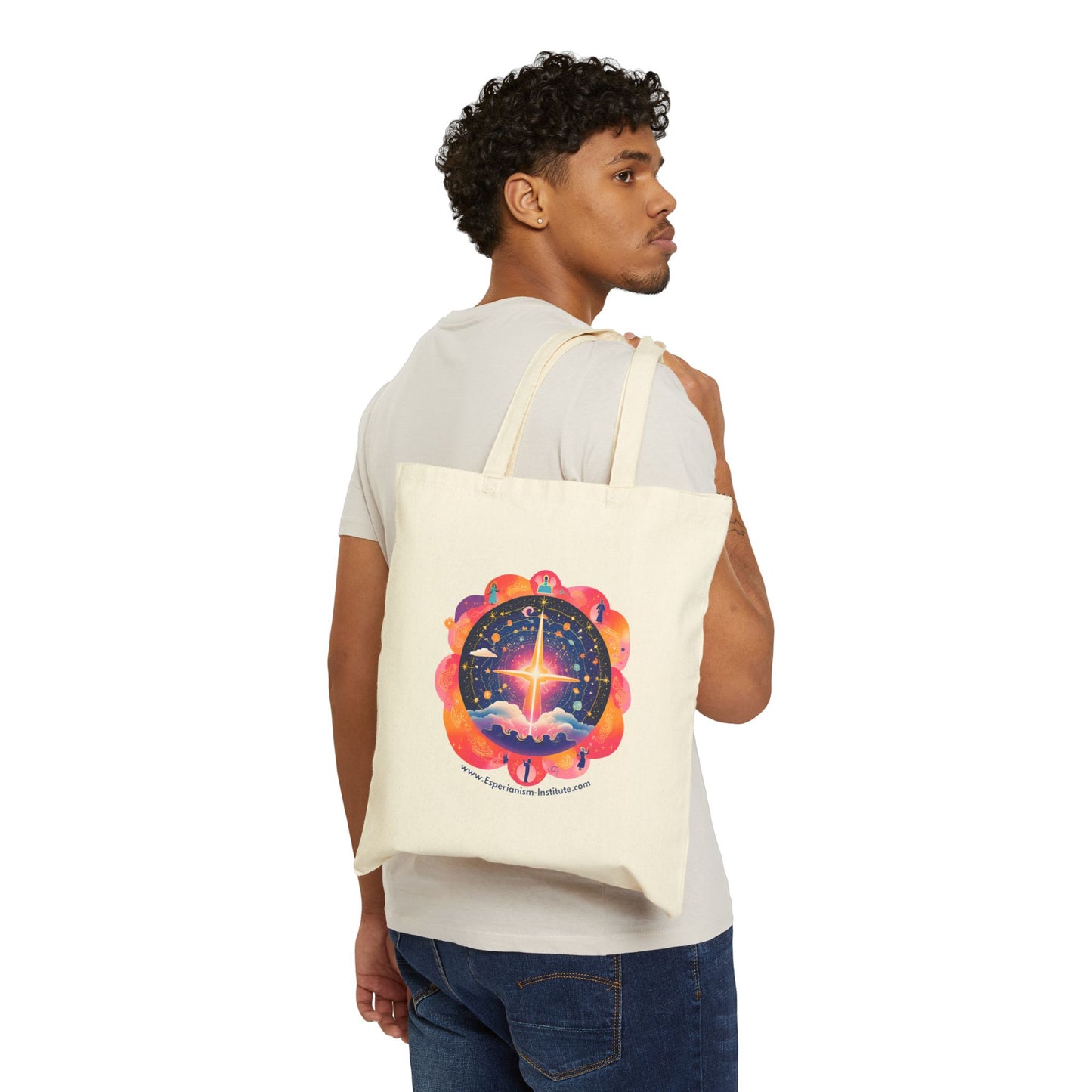 Spiritual Journey Cotton Canvas Tote Bag - Cosmic Design for Mindful Living