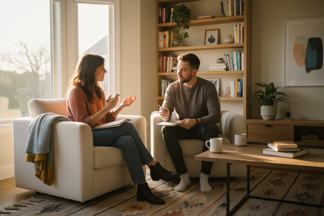 2 people sitting in a home with notebooks asking questions